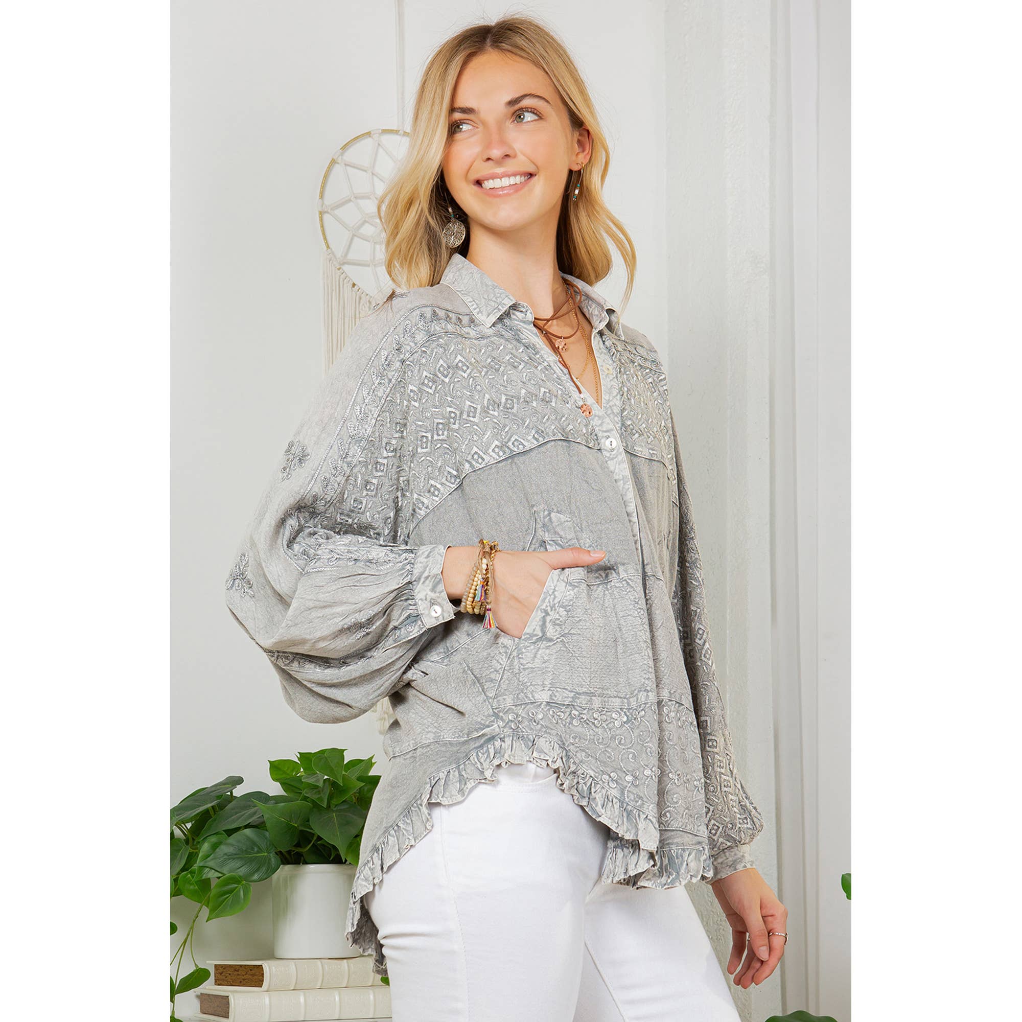 Grey Bohemian Stonewashed Rayon Bat Sleeves Top With Shirt Collar for wholesale on Faire2