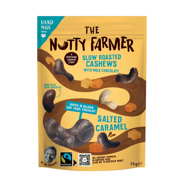 Noix de cajou rôties lentement avec chocolat au lait et caramel salé pour la vente par The Nutty Farmer