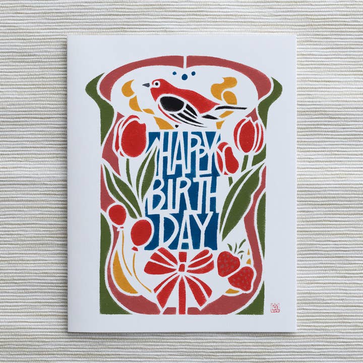 Mayuko Fujino Bird & Nature Art - Wholesale Everyday Greeting Card - A2 Card Spring Birthday Card - Scarlet Tanager