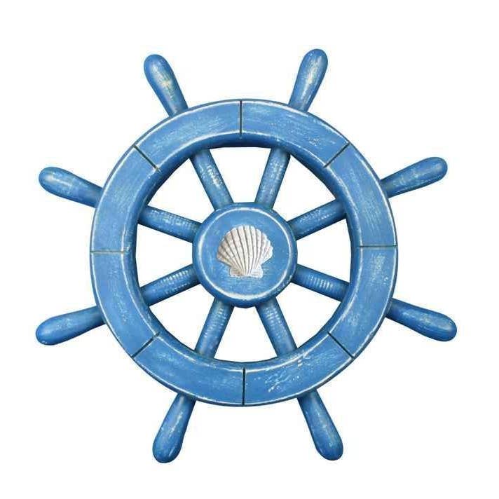 Rustic All Light Blue Decorative Ship Wheel With Seashell 12" for wholesale by Hampton Nautical