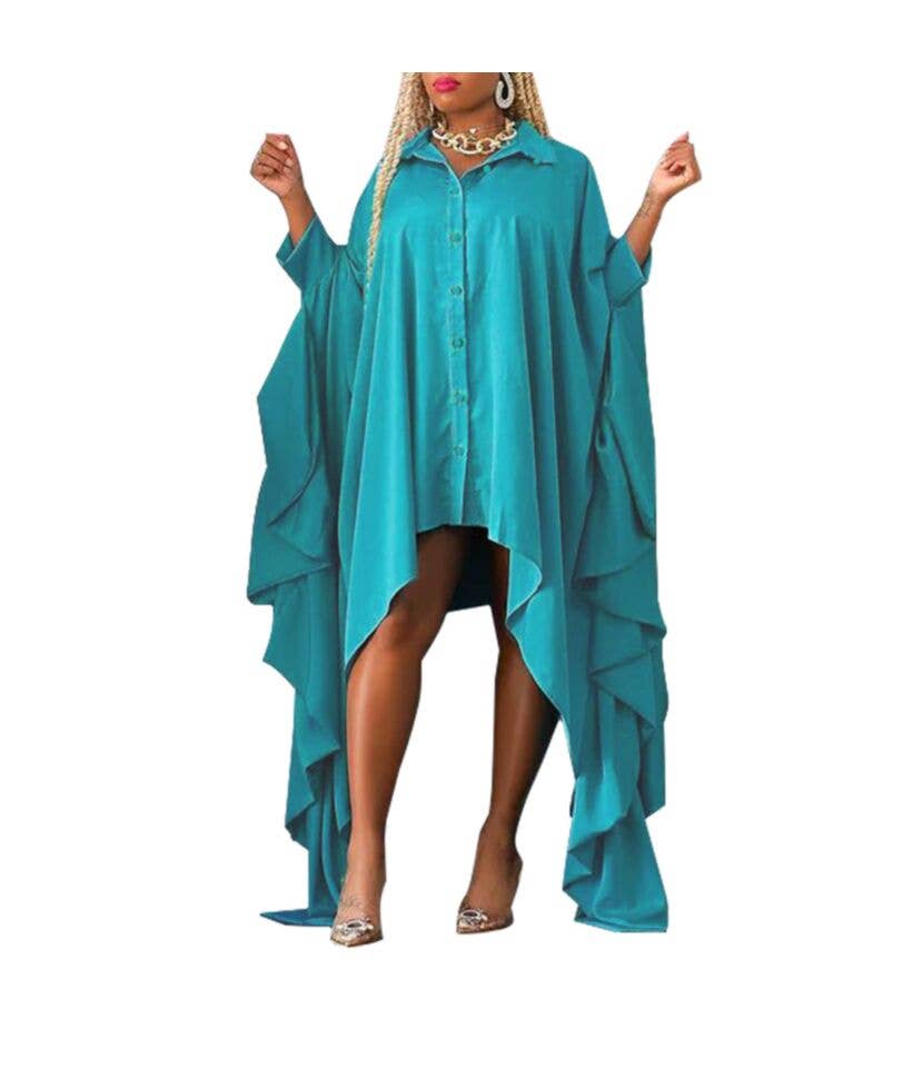 pinkblu02 - Wholesale Dress - Women's - Autumn Solid Color Blouse Irregular Bat Sleeve Dress2