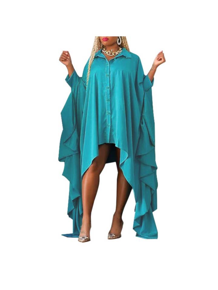 pinkblu02 - Wholesale Dress - Women's - Autumn Solid Color Blouse Irregular Bat Sleeve Dress2