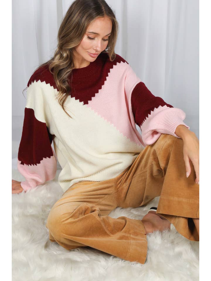 Vine & Love - Wholesale Knit Sweater - Women's - Color Block Round Neck Chunky Knitted Sweater Top VT810173