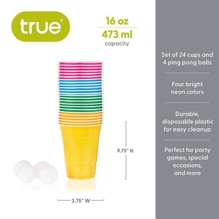 TRUE - Wholesale DIY Beer/Alcohol Kit - Party Neon Beer Pong Set -Set of 24 Cups & 4 Ping Pong Balls