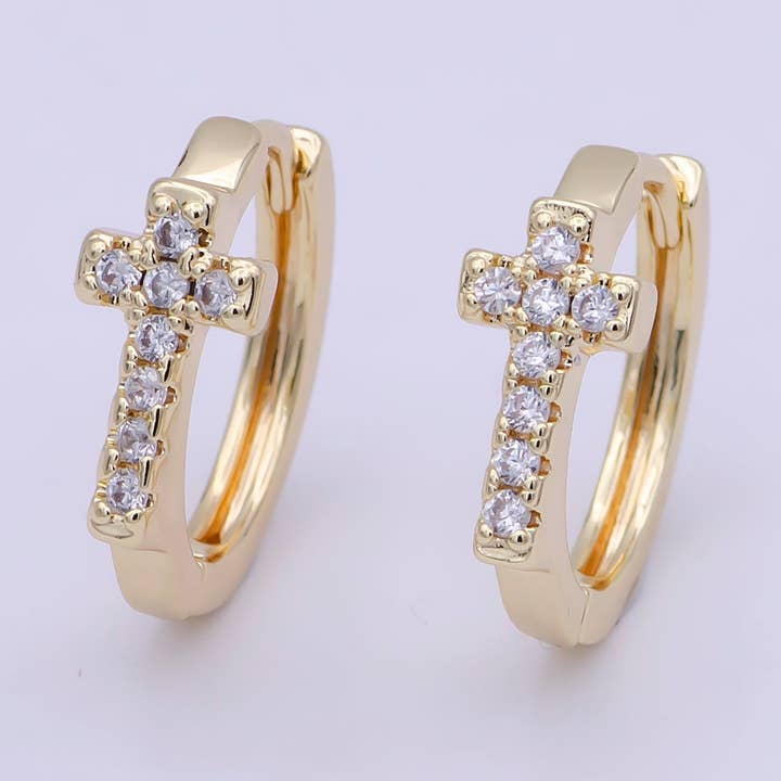 Aim Eternal - Wholesale Huggie Earrings - Minimalist Cross Gold Hoop Earring Religious Jewelry Wholesa0