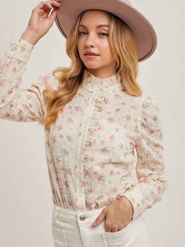 Bluivy - Wholesale Button Down Shirt - Women's - FLORAL PRINT BUTTON DOWN RUFFLED MOCK NECK BLOUSE