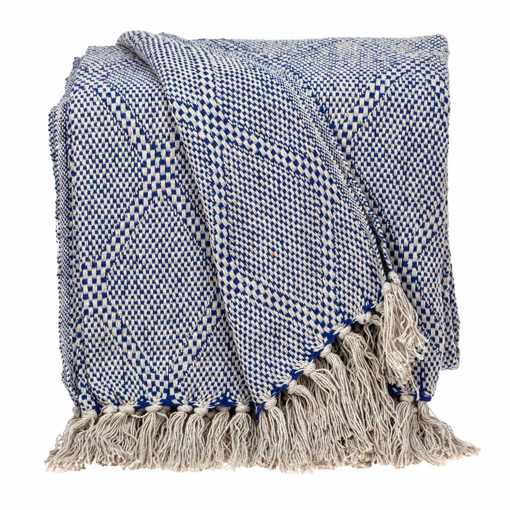 HomeRoots - Wholesale Throw Blanket - Blue and Beige Woven Handloom Throw with Tassels0