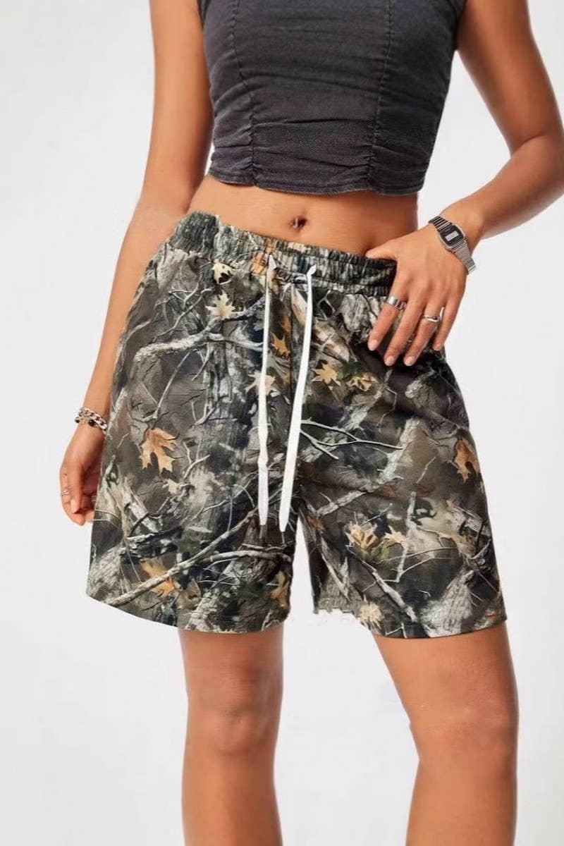 NINEXIS - Wholesale Shorts - Women's - CWBSP0569_LOOSE DRAWSTRING CAMO SHORTS WITH BRANCH PRINT0