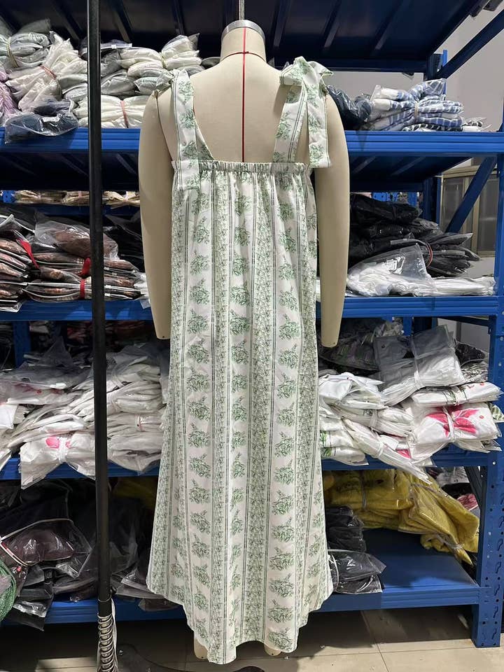 green Calista Ethnic Floral Print midi dress with bow straps for wholesale on Faire8