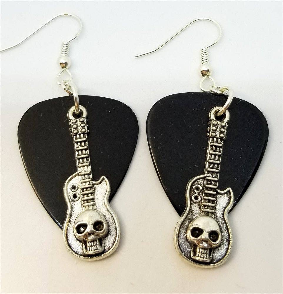 Simply Raevyn - Wholesale Dangle Earrings - Guitar with Skull Charms Guitar Pick Earrings4