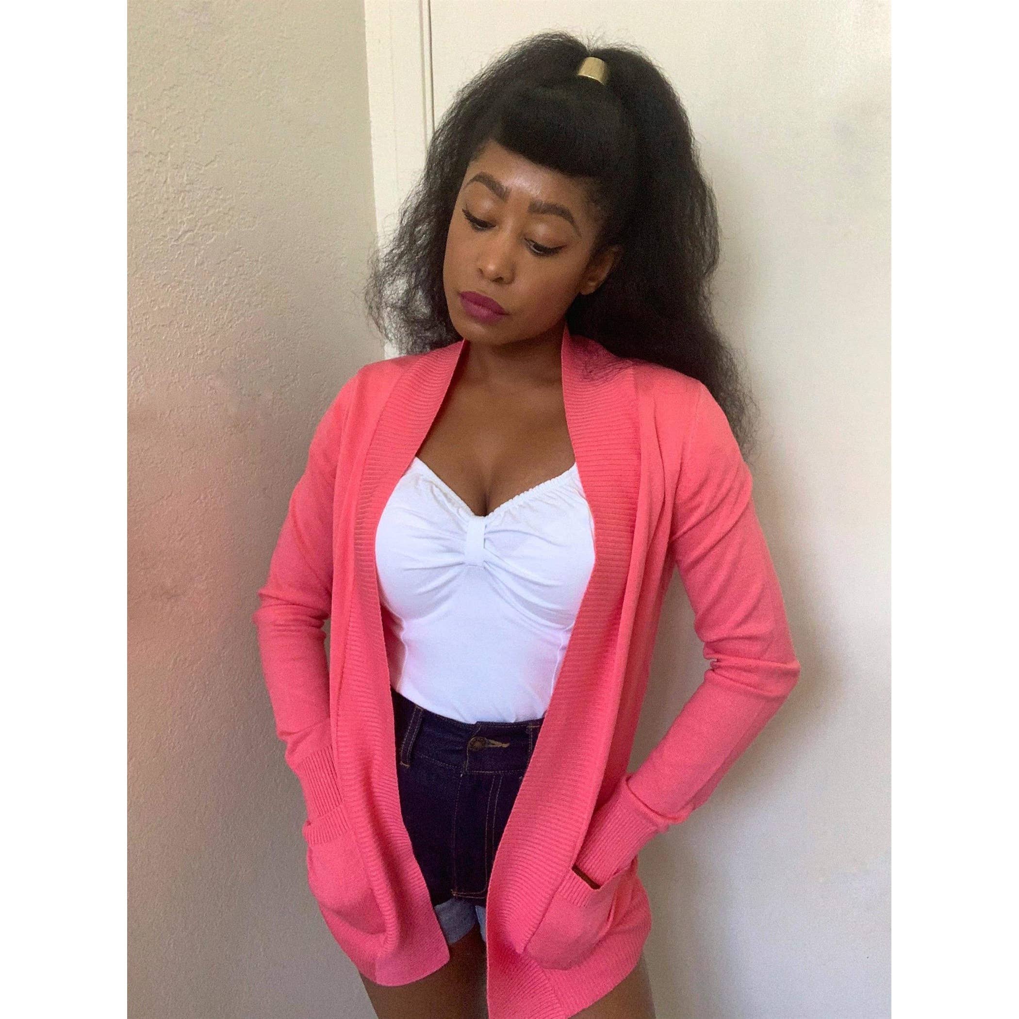 Mak - Wholesale Cardigan - Women's - Long Sleeve Open Front Knit Shrug w/ Pocket Cardigan MK8558Y7