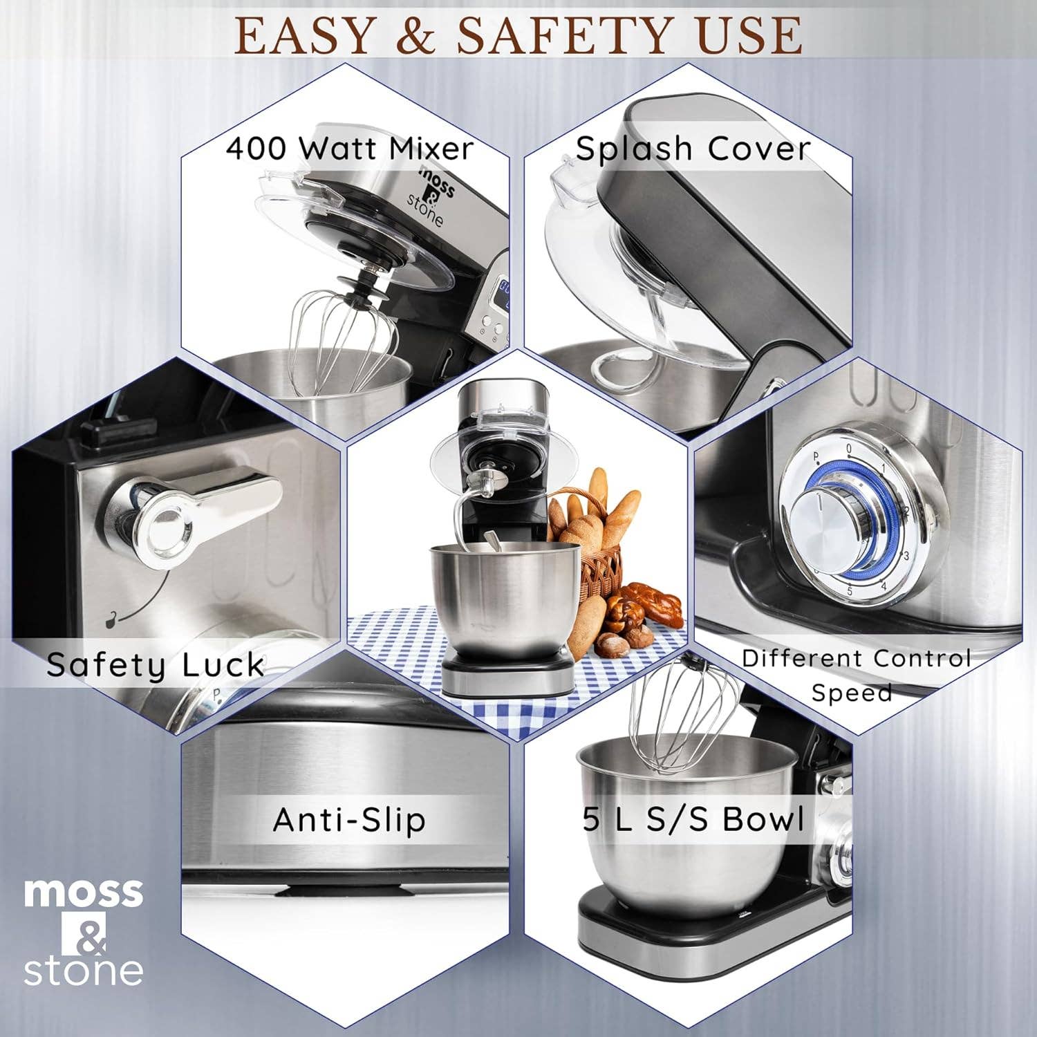 Moss & Stone - Wholesale Kitchen Appliance - Stand Mixer With Lcd Display, 6 Speed Electric Mixer With 5.5 Quart Stainless Steel Mixing Bowl, Kitchen Mixer With Dough Hook, Egg Whisk, Beater & Baking Spatula, Food Mixer With Timer2