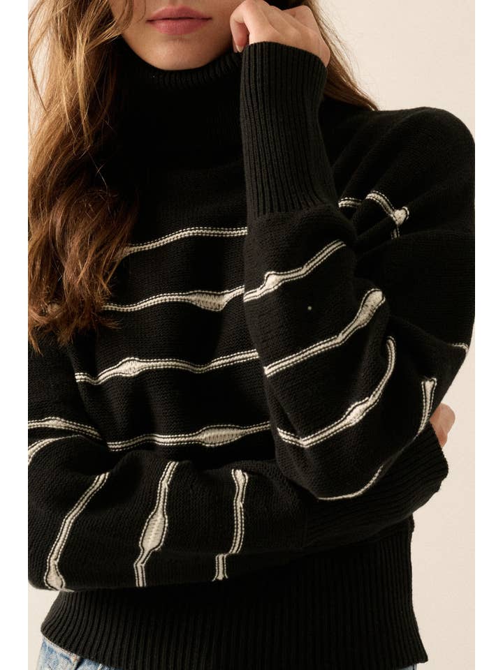 Promesa USA - Wholesale Knit Sweater - Women's - Striped Knit Banded-Hem Cropped Turtleneck Sweater