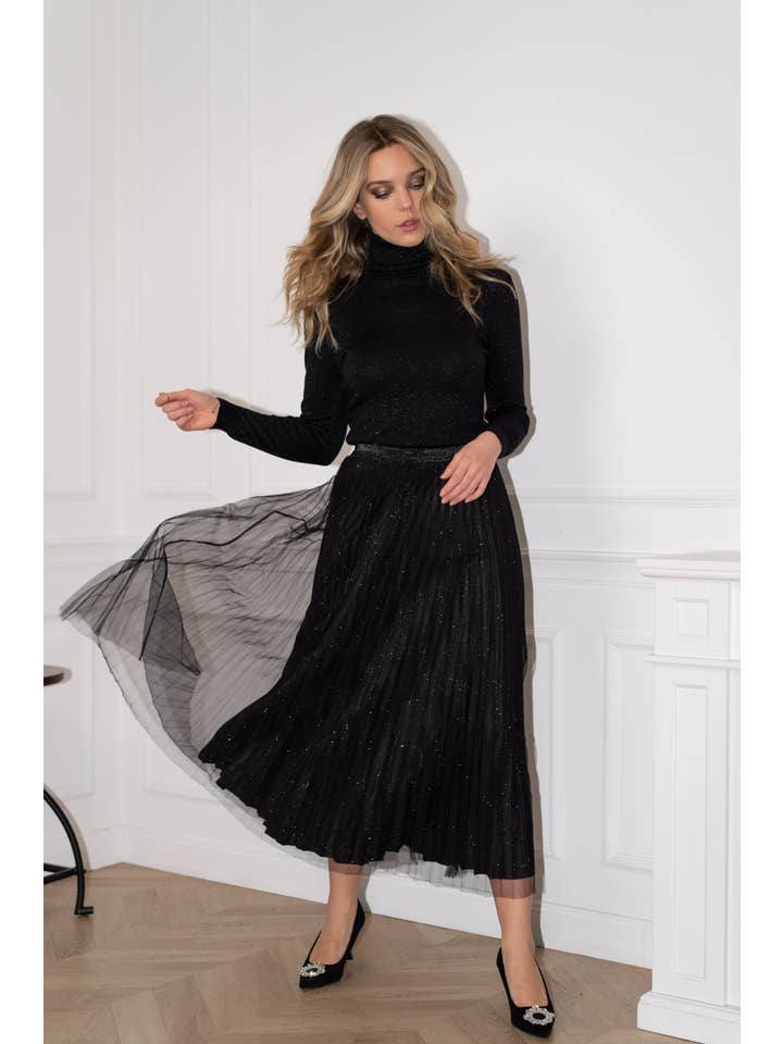 black black Shiny pleated tulle skirt with shiny lining - CK08100 for wholesale on Faire