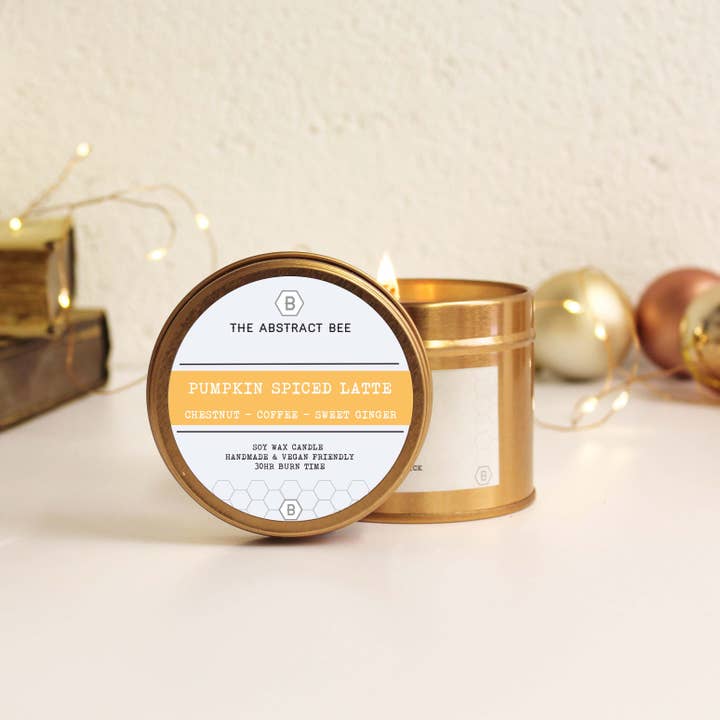 Pumpkin Spiced Latte Scent Tin Candle for wholesale by The Abstract Bee