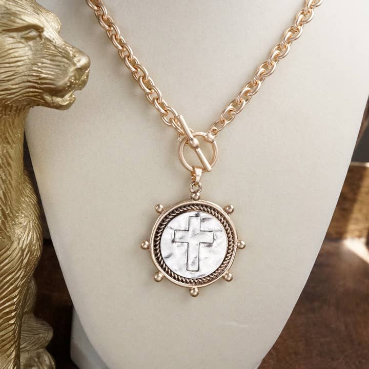 PennyLine inc - Wholesale Pendant/Charm Necklace - Cross Coin Chain Necklace with Front Toggle Closure – Silver or Gold Tone