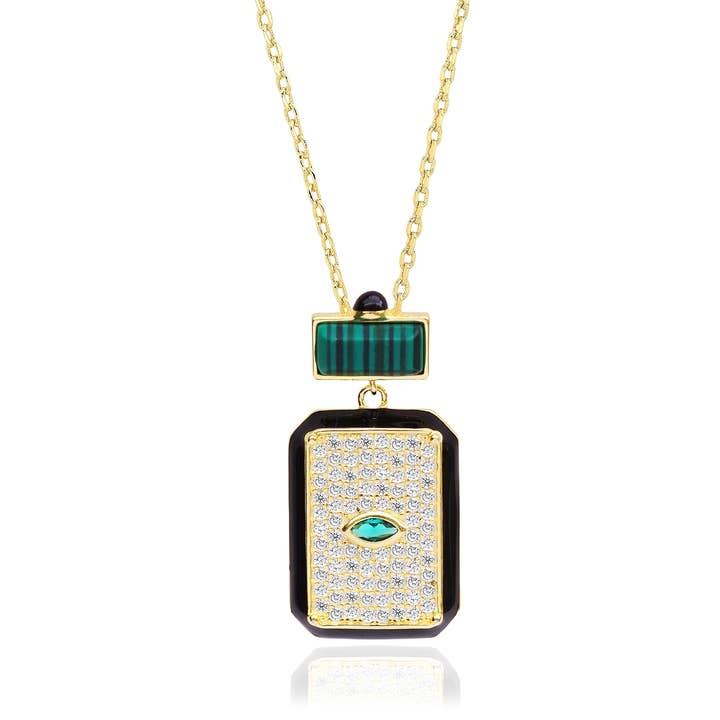 Tai Jewelry - Wholesale Pendant/Charm Necklace - Malachaite And Pave' Deco Enamel Rectangle Necklace