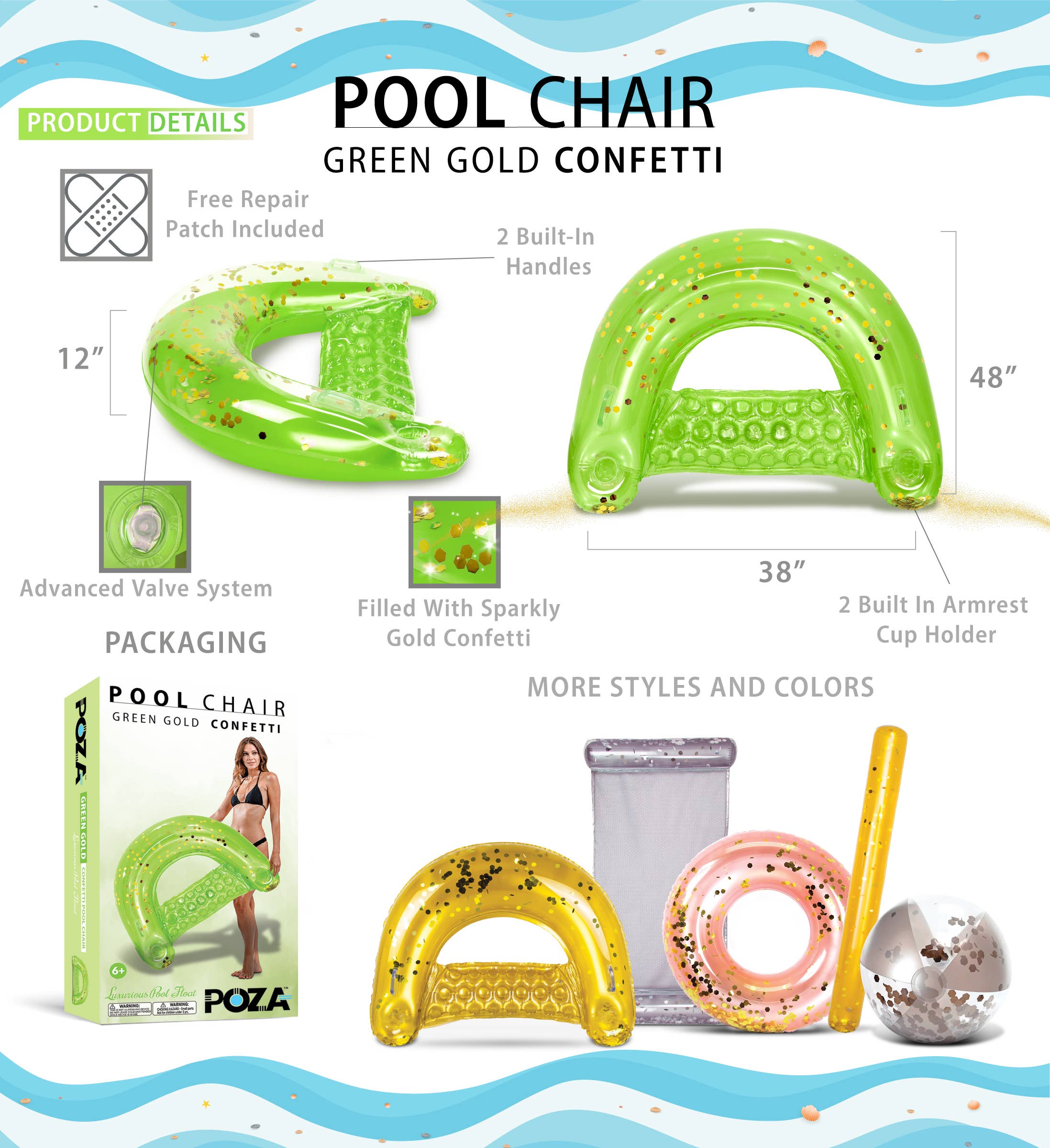 Cota Global – Großhandel Aufblasbares – POZA - GRÜNER GOLD POOLSTUHL1