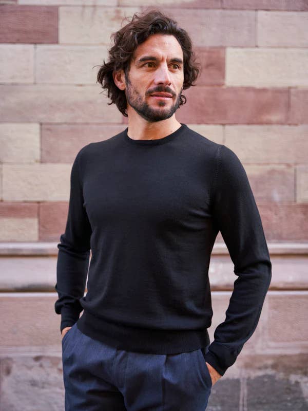 BLACK MERINO WOOL CREW NECK SWEATER for wholesale by MONSIEUR MIMOSA