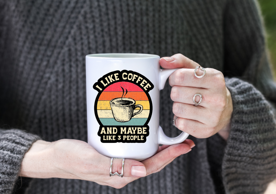 Prairie Chicken Sticker Shop & Gifts - Vente Tasse à café - Tasse à café I Like Coffee & Maybe 3 People 15 oz   2