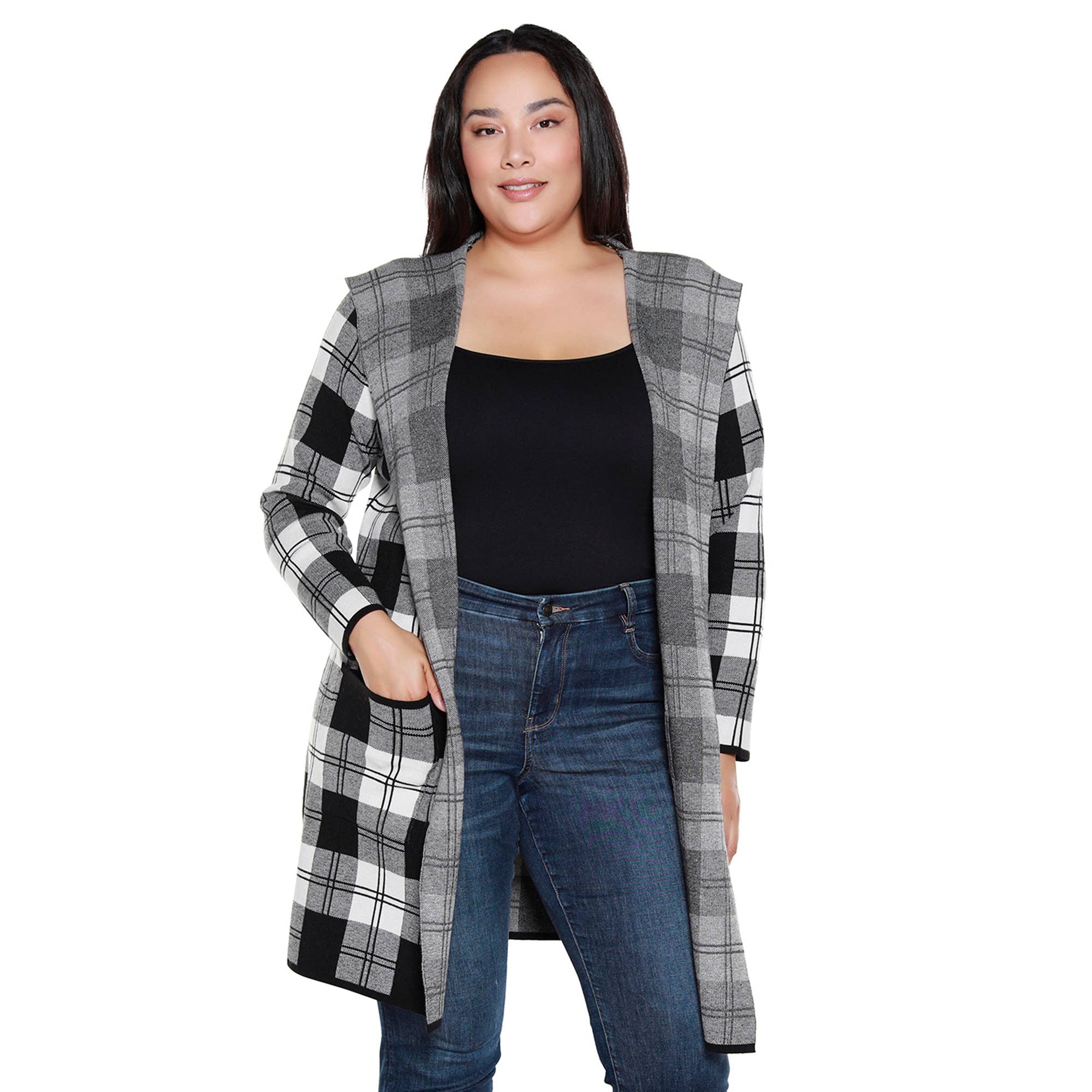 Belldini - Wholesale Cardigan - Women's - Plus Size Hooded Checkered Plaid Coatigan Sweater2