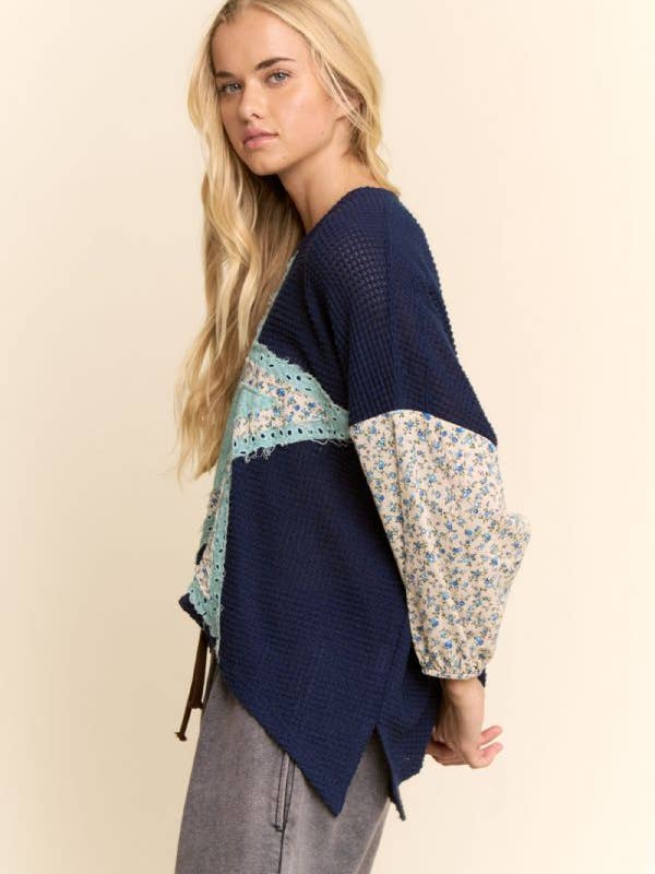 Navy MULTI STAR PATCHWORK DITSY SLEEVE WAFFLE KNIT TOP for wholesale on Faire5
