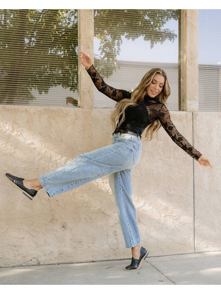 Black Mock Neck Floral Lace Mesh Long Sleeve Top - Black for wholesale on Faire4