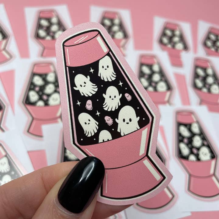 Ghost Lamp Spooky Pink Vinyl Sticker for wholesale by Wendy Stephens Art