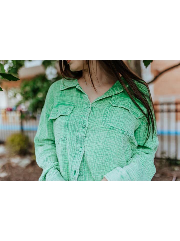 MK316 Quinn Double Gauze Oversized Button Shirt - Green for wholesale on Faire
