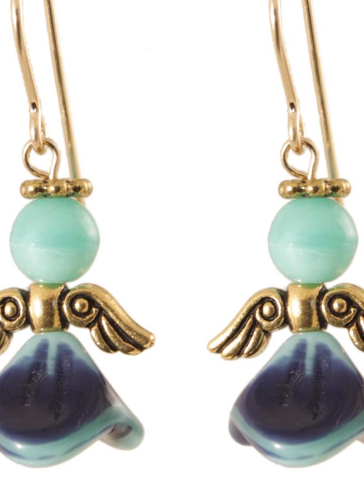 Pendientes de ángel etéreo azul y verde azulado, relleno de oro de 14 quilates para venta al por mayor de Ardent Designs