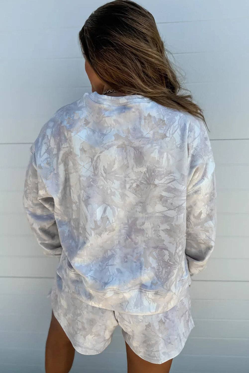 Beige Camo Print Lounge Pullover and Elastic Waist Short Set for wholesale on Faire1