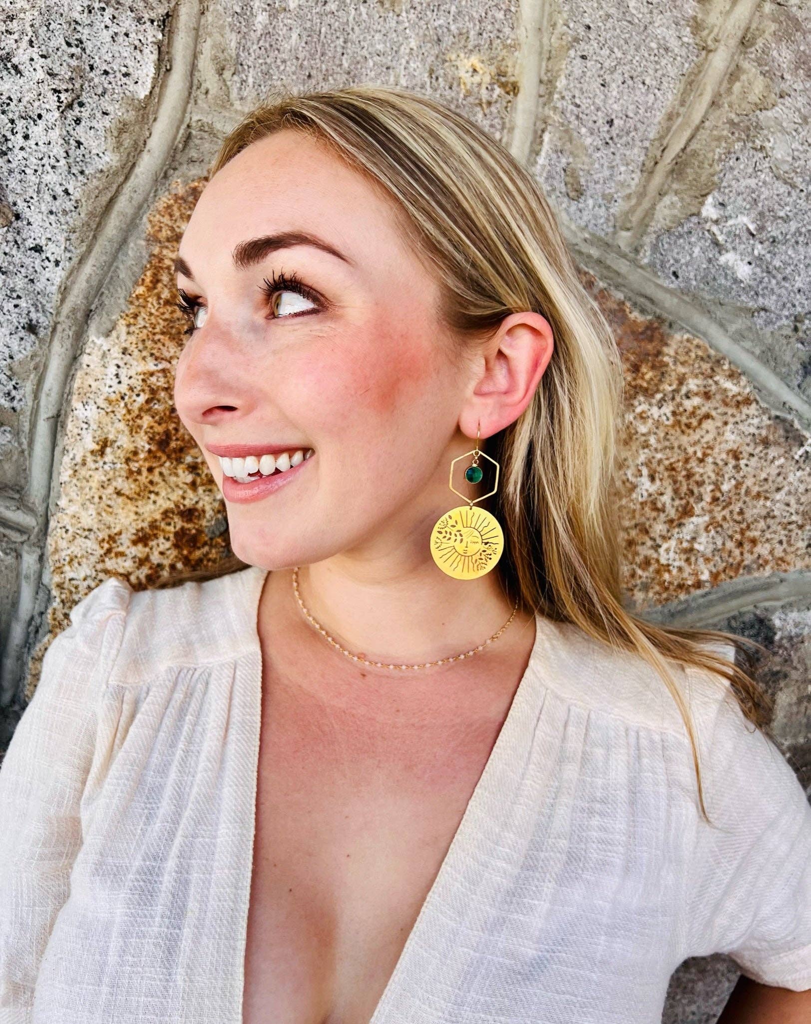 Moxie Collective (formerly Atonement Design) - Wholesale Dangle Earrings - Brass Garden Sun Earrings in Sea Green5