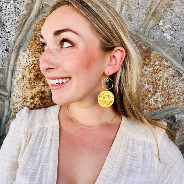 Moxie Collective (formerly Atonement Design) - Wholesale Dangle Earrings - Brass Garden Sun Earrings in Sea Green5