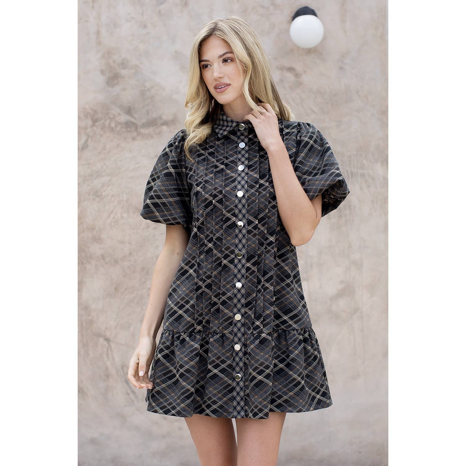 BLACK Puff Sleeve Plaid Suede Dress for wholesale on Faire6