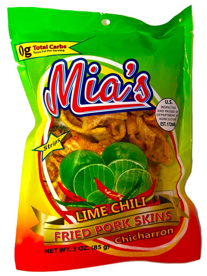 Peaux de porc frites de Mia – Lanières chili et citron vert – Couennes de porc épicées et croustillantes – Sac de 85 g pour la vente par Fiesta Snacks