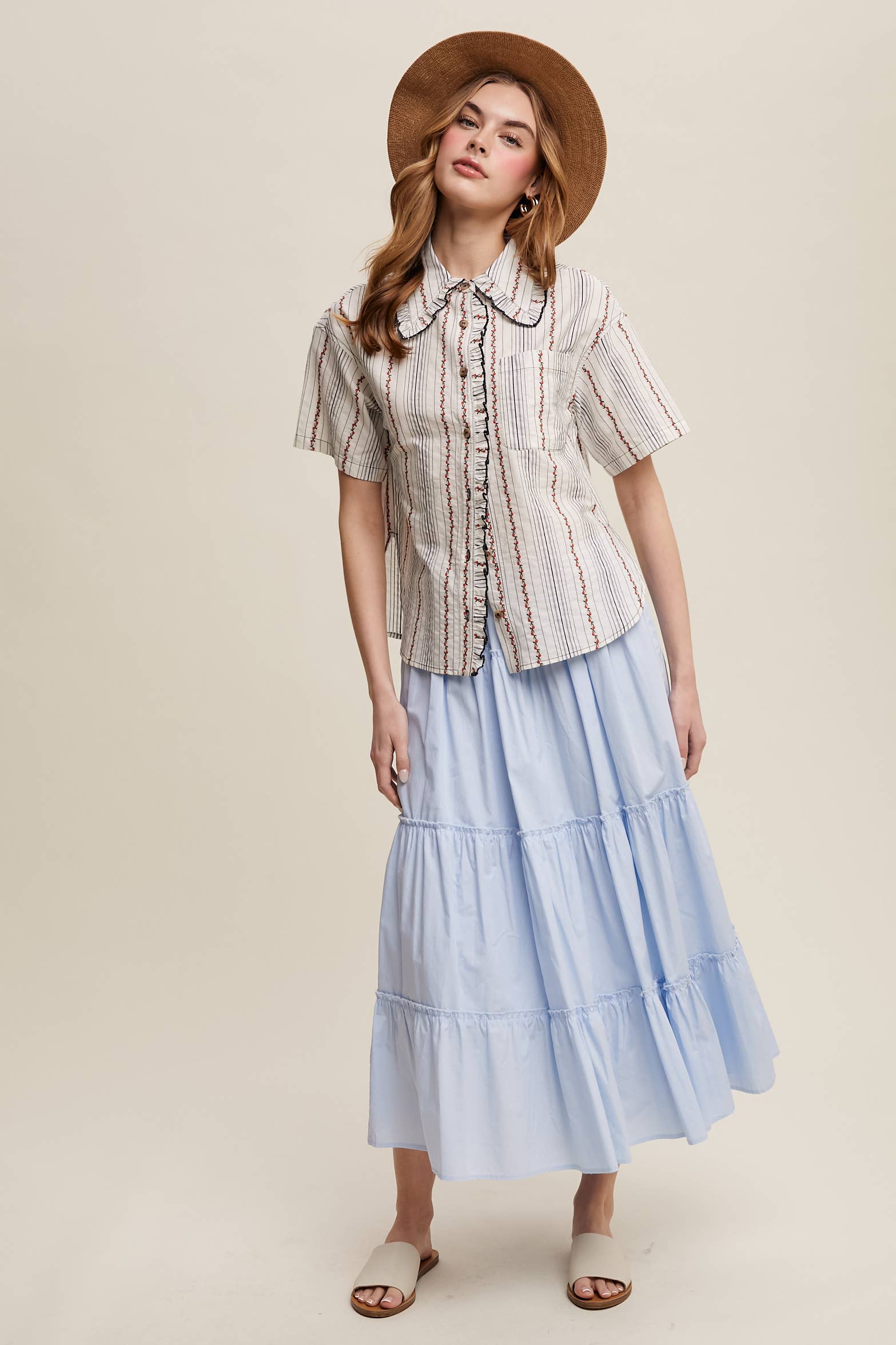 Listicle - Wholesale Button Down Shirt - Women's - Striped Embroidered Button-Down Blouse23