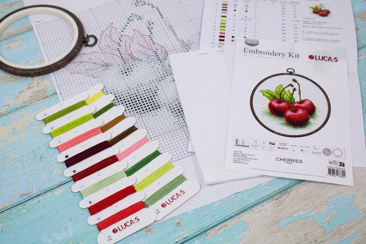 Luca-S - Wholesale Embroidery/Cross Stitch Supplies - Cross Stitch Kit with Hoop Included Luca-S - Cherries, BC1032