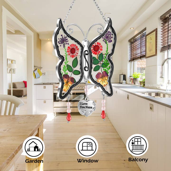 Butterfly Sun Catcher with Real Flowers – "I Love You Nana" Hanging Ornament for wholesale by Longshinnning