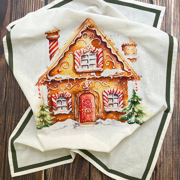 Multi Gingerbread Home Floursack Kitchen Towel S/2 for wholesale on Faire