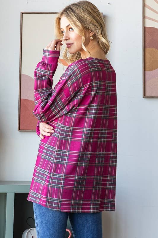 MAGENTA ET7470-17 TOP CON STAMPA SCOZZESE CON MANICHE LUNGHE A SBUFFO in vendita all'ingrosso su Faire5