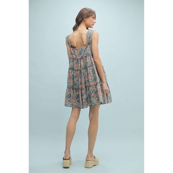 TEAL COMBO FLORAL TIERED MINI DRESS / WL25-10374 for wholesale on Faire3