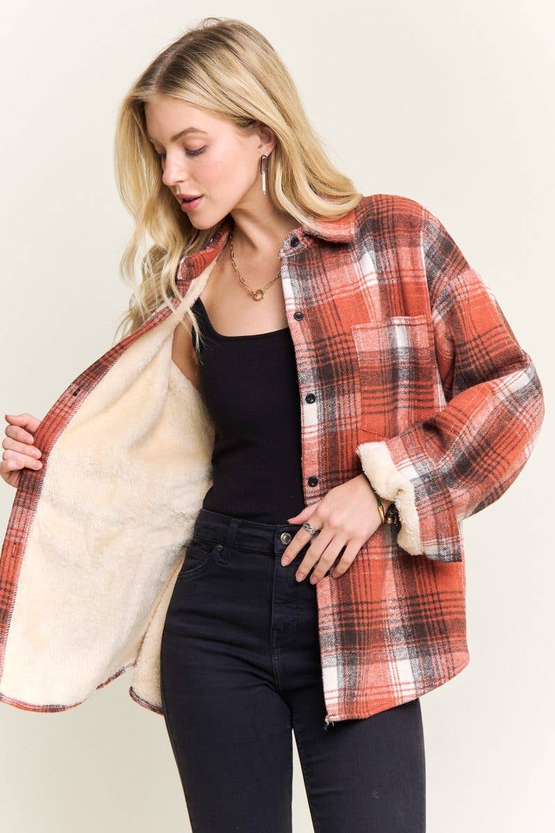 Vanilla Monkey – wholesale Shirt Jacket/Shacket - Women’s – Plaid Sherpa-lined Button Down Shacket5