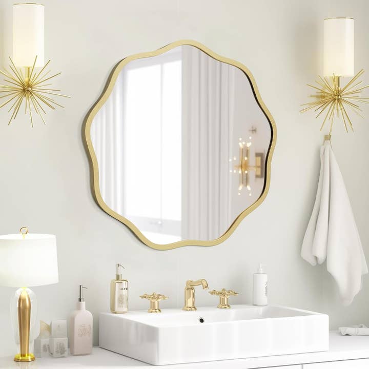 round Wavy Mirror for Wall Decorative 20 Inch, Modern round Mirror Aluminum Frame Circle Wall Mirror for Bathroom Bedroom Living Room Home House Office Entryway, Gold for wholesale on Faire