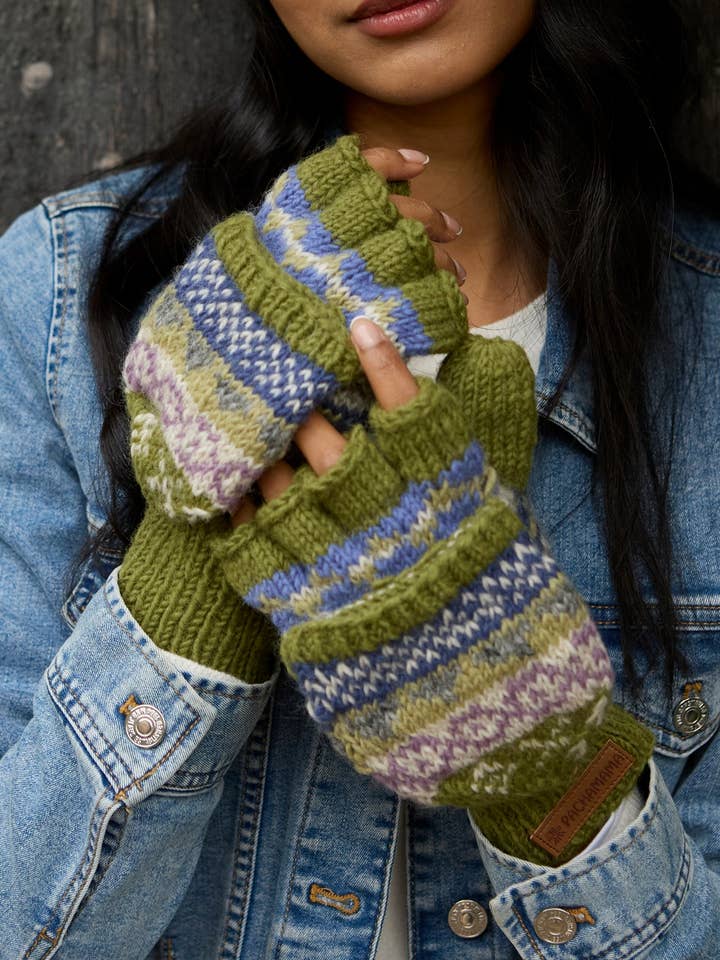 Classic Fair Isle Wool Knit Fingerless Glove Mitts Olive for wholesale by Pachamama Ltd
