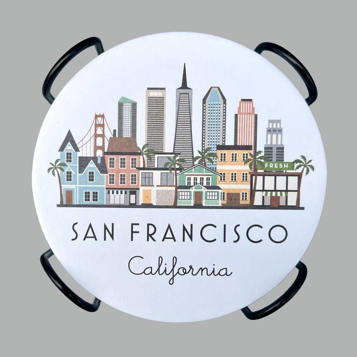 San Francisco Skyline Graphic Paper Pulp Board Coasters | Set of 15 With Black Metal Stand | Absorbent Disposable Reusable Party Bar Coasters for wholesale by MooMo Studio
