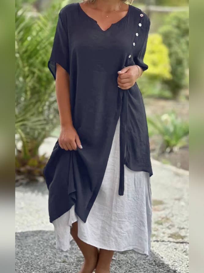 V Neck Short Sleeves Button Ruffle Dress ZK1780 for wholesale by UNISHE