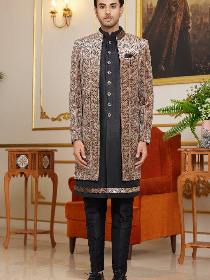 Black Art Silk Indo Western Suit Long Kurta with Jacket & Pant for Men for Wedding - Thread Embroidery Work for wholesale by HATKE BRIDE