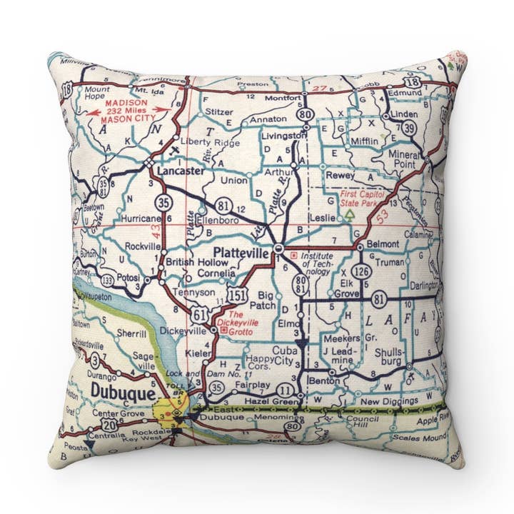 Platteville Wisconsin Map Pillow – 18" Square Throw Pillow for wholesale by Daisy Mae Designs