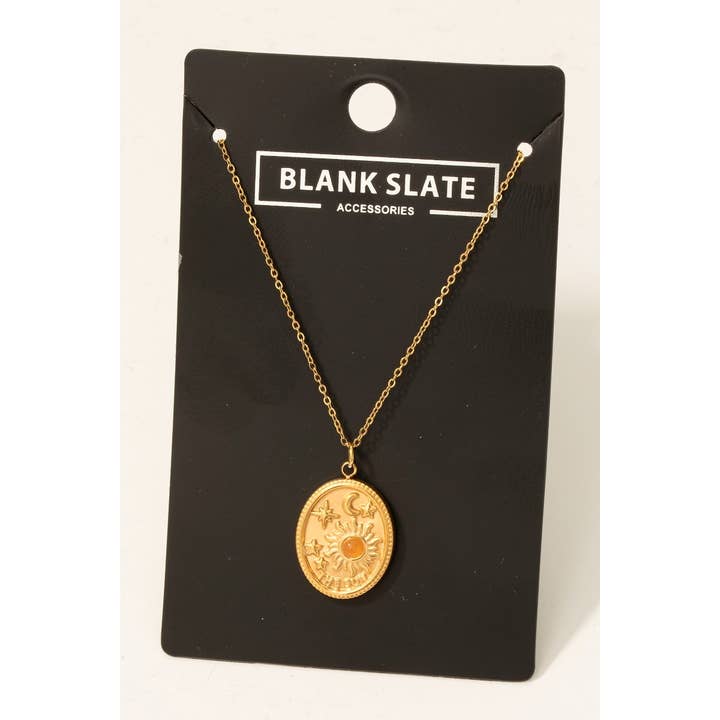 Fame Accessories - Wholesale Pendant/Charm Necklace - Stainless Steel Sun Moon And Stars Oval Pendant Necklace5
