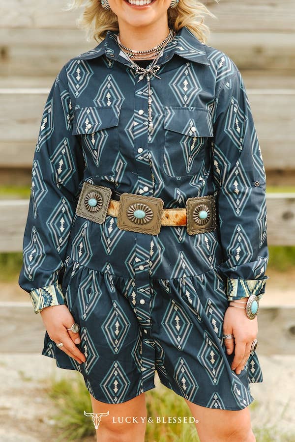 LUCKY & BLESSED - Wholesale Dress - Women's - Plus Size Aztec Printed Button Down Collared Ruffle Dress1